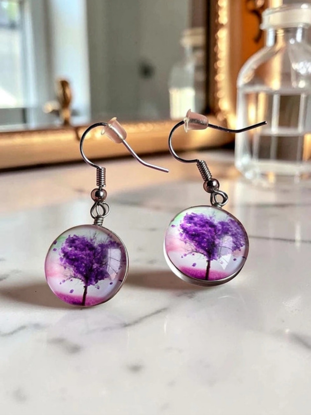 Fashion Jewelry Purple Tree of Life Glass Cabochon Drop Earrings (New)